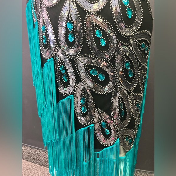 BabeYond black green and Silver peacock embroidered fringe flapper dress XL - Picture 10 of 15